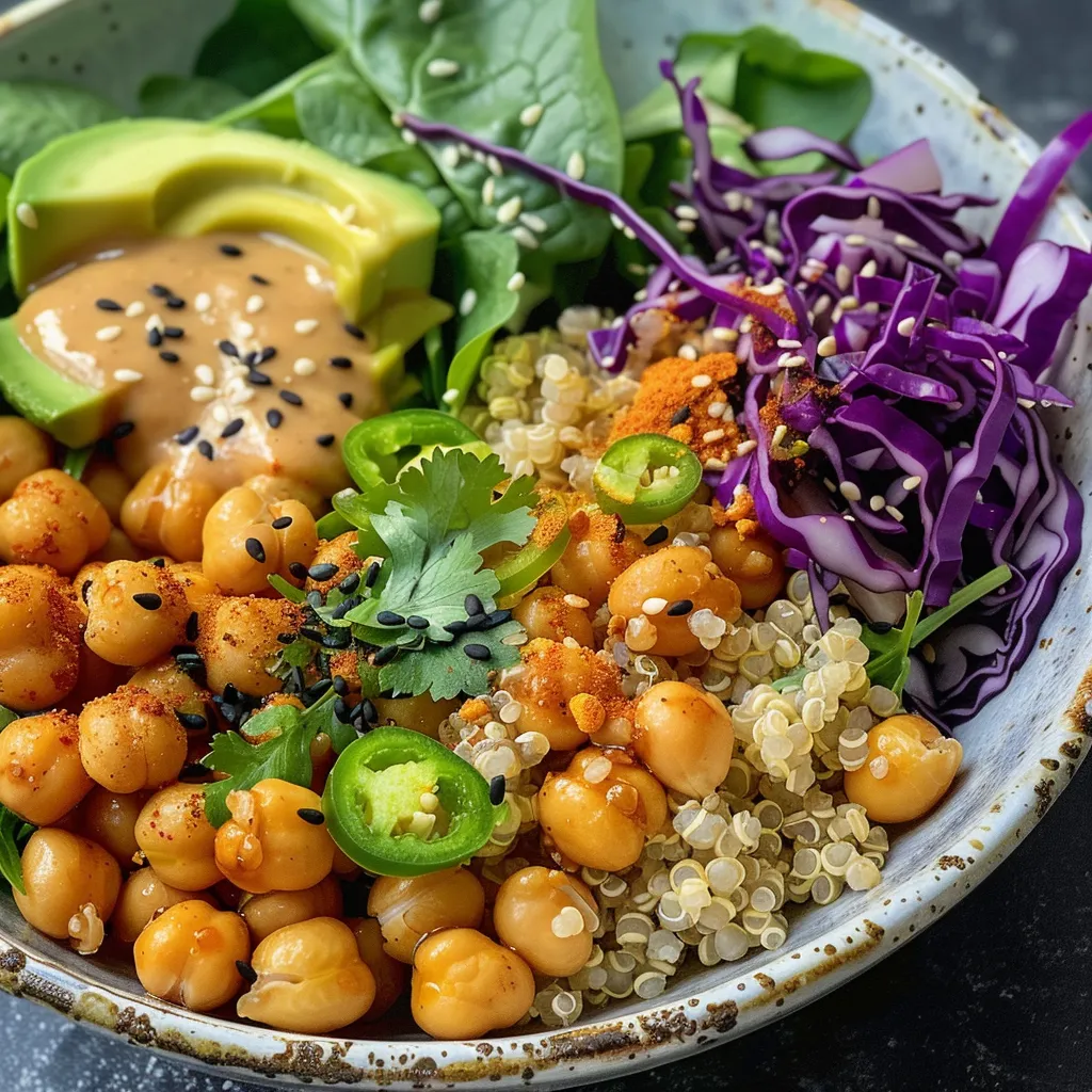 A colorful chickpea quinoa bowl showcasing layers of leafy greens, red cabbage, and topped with fresh avocado slices and jalapeño.