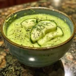 Close-up view of chilled cucumber avocado soup in a bowl garnished with dill.