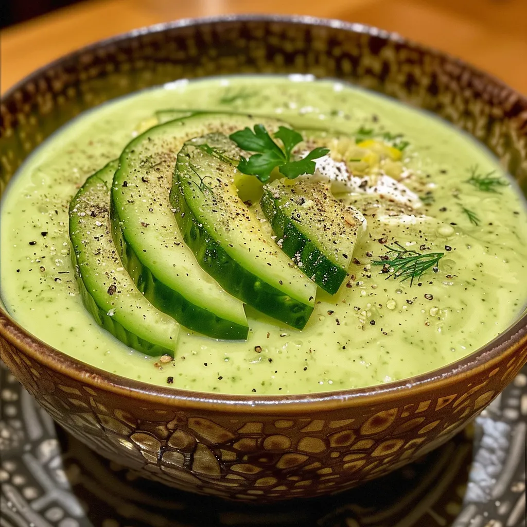 Side angle of creamy cucumber avocado soup with a smooth texture and herb garnish.