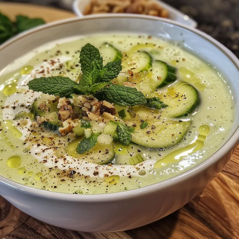 A Refreshing Escape Discovering Chilled Cucumber Yogurt Soup Close-up of a creamy chilled cucumber yogurt soup garnished with mint and walnuts.