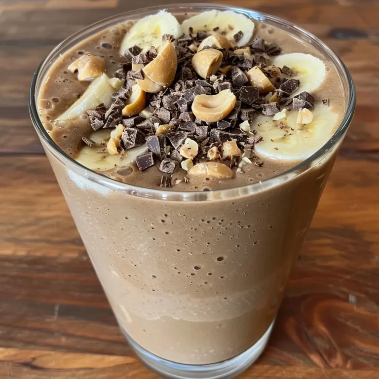 Close-up view of a creamy Choco-Peanut Bliss Banana Smoothie in a glass, topped with chocolate shavings and nuts.