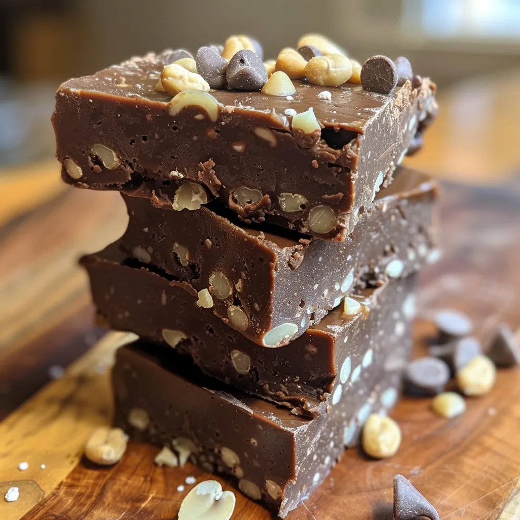 Side view image of a slice of Chocolate Almond Butter Freezer Fudge with visible almond pieces on top.