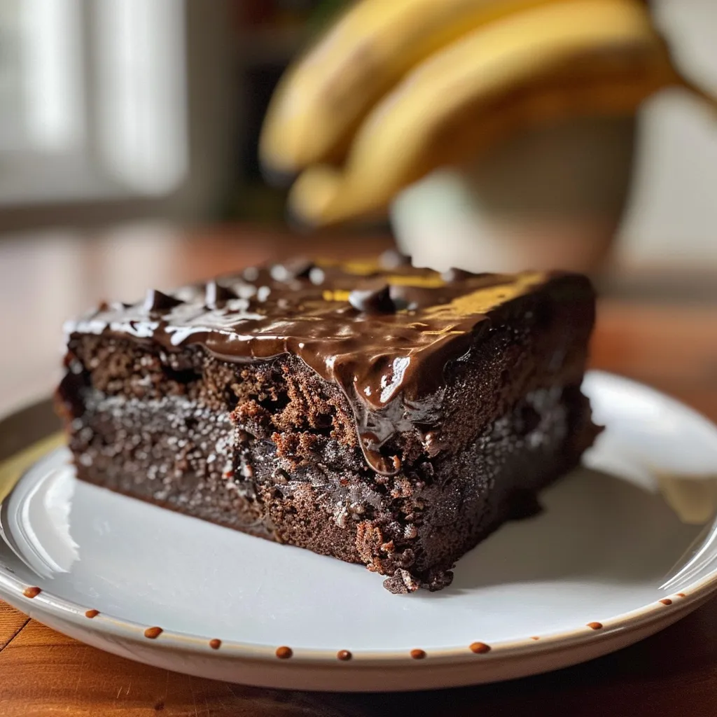 Side view of a decadent chocolate and banana cake, showcasing its rich texture.