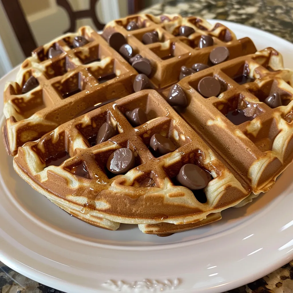 Juicy chocolate chip waffles with melting chocolate chips, viewed from the side.