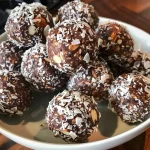 A close-up side view of chocolate coconut energy balls, showcasing their textured surface and rich color.