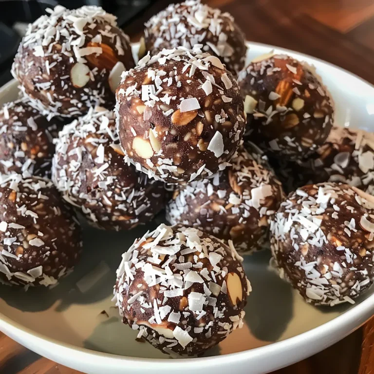 A close-up side view of chocolate coconut energy balls, showcasing their textured surface and rich color.