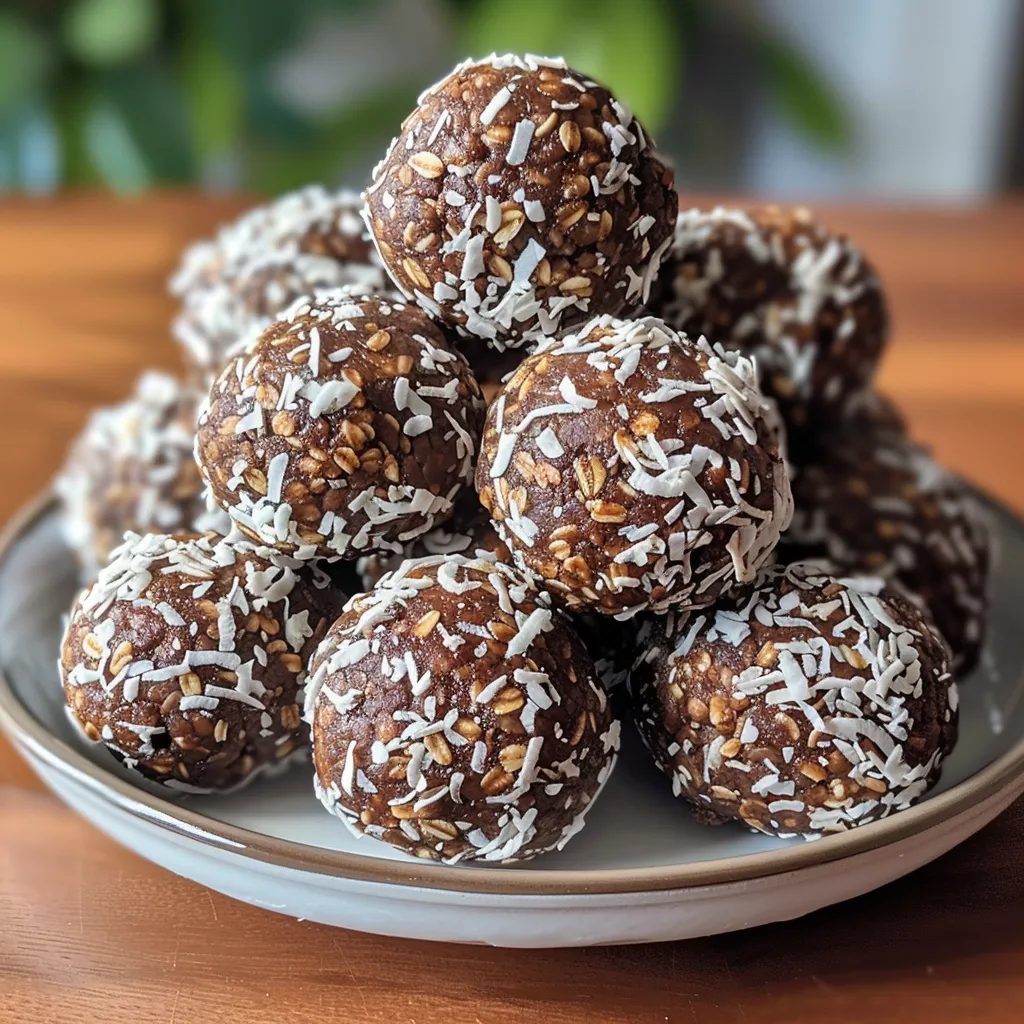 Delicious chocolate coconut energy balls displayed in a tempting arrangement, highlighting their coconut flakes.
