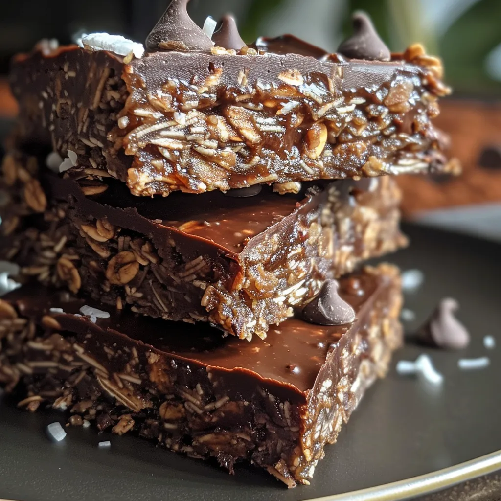 Side angle of Chocolate Coconut Oat Squares with dark chocolate chips and shredded coconut visible.