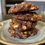 Close-up view of freshly baked chocolate oatmeal cookies stacked on a plate.
