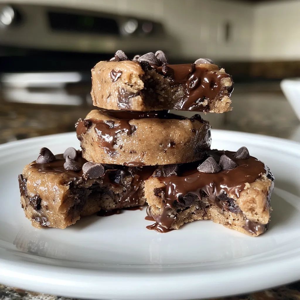 Side view of sliced bananas dipped in dark chocolate and drizzled with peanut butter.