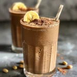 Close-up of a creamy chocolate peanut butter banana smoothie in a glass with a straw.