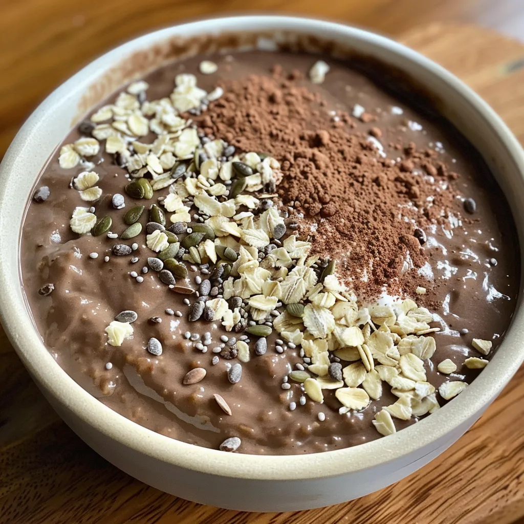 Side view of creamy chocolate oatmeal with a layer of almond butter and sprinkled flaxseed.
