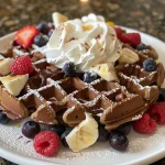 Close-up view of a chocolate protein waffle topped with fresh fruit and whipped cream.