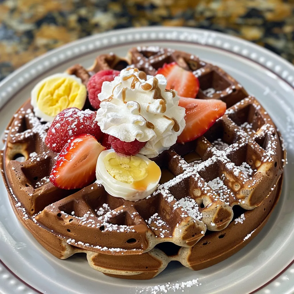 Side view of a delicious chocolate protein waffle drizzled with syrup and garnished with berries.