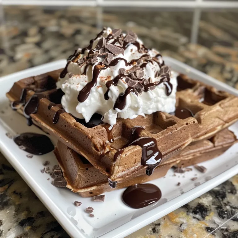 Waffles Worth Wandering For A Chocolate Protein Adventure Close-up view of chocolate protein waffles topped with whipped cream and chocolate syrup.