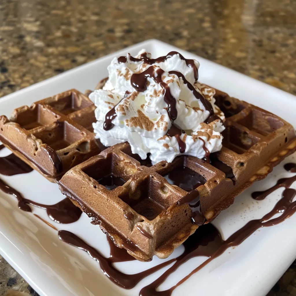 Side view of fluffy chocolate protein waffles with a drizzle of syrup and whipped cream.