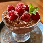 Close-up view of a rich Chocolate Raspberry Mousse with raspberries on top.