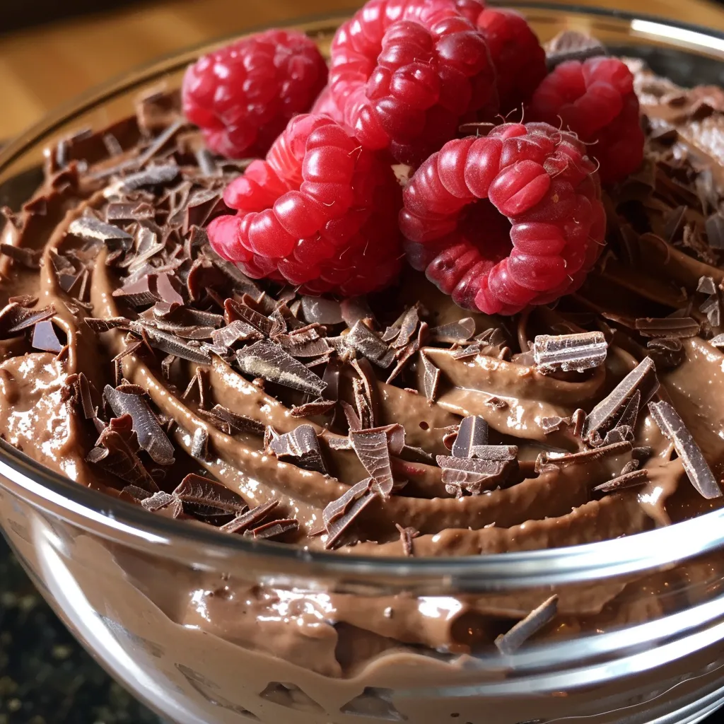 Side view of a decadent Chocolate Raspberry Mousse served in a glass.