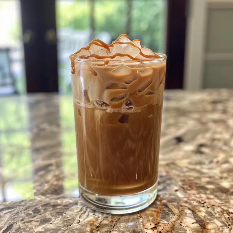 Sipping Paradise The Coconut Caramel Cold Brew That Whisks You Away A close-up view of a glass filled with Coconut Caramel Cold Brew, featuring layers of coffee and coconut milk.