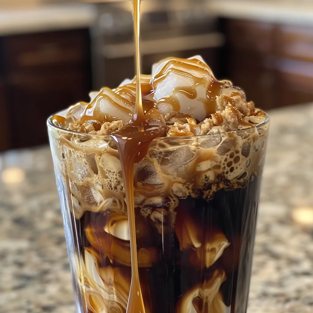 Side angle shot of Coconut Caramel Cold Brew, showcasing the creamy texture and caramel drizzle on top.