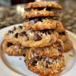 Close-up side view of Coconut Chocolate Chip Cookies with a golden-brown exterior.