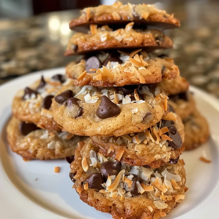 Close-up side view of Coconut Chocolate Chip Cookies with a golden-brown exterior.