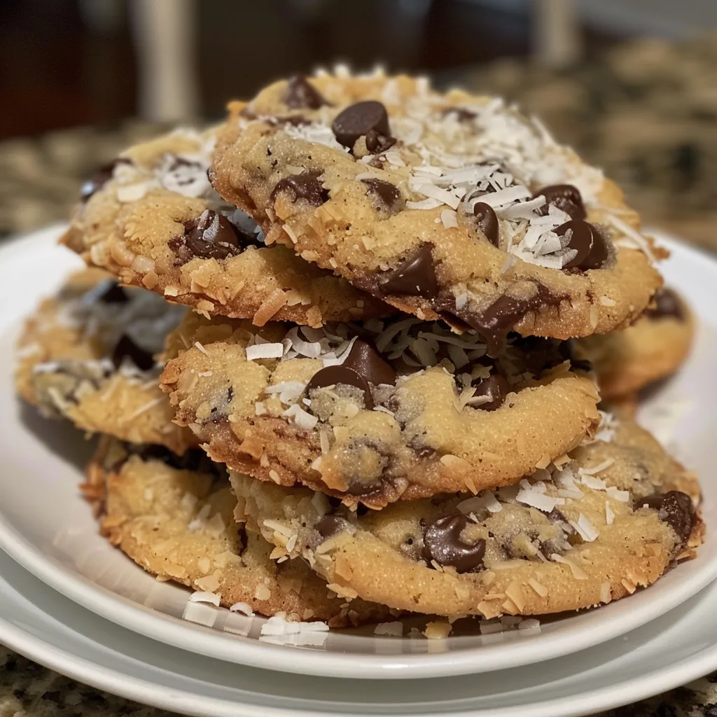 Juicy Coconut Chocolate Chip Cookies stacked with visible chocolate chips and shredded coconut.