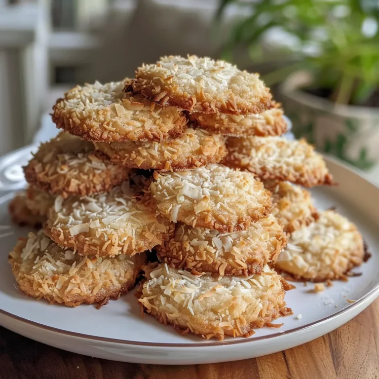 Close-up view of golden-brown coconut cookies with a crispy edge and soft center.