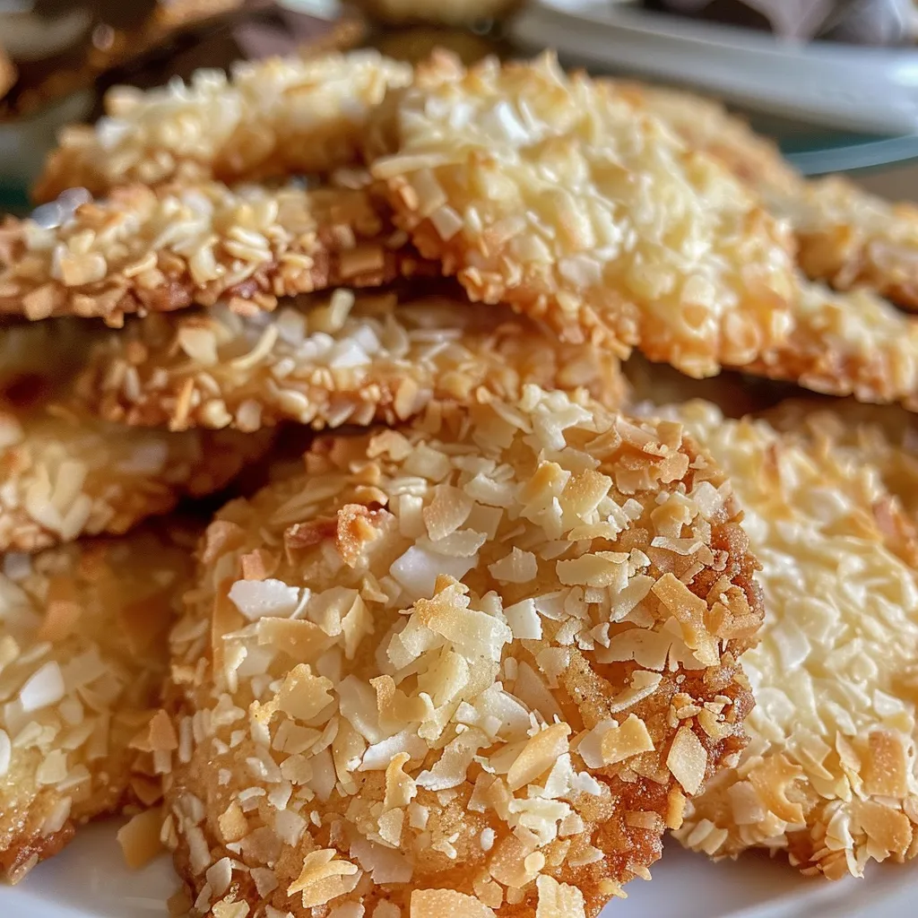 Side view of freshly baked coconut cookies sprinkled with coconut flakes and caramel chips.