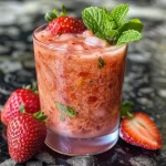 Close-up side view of a vibrant Coconut Strawberry Refresher in a clear glass.