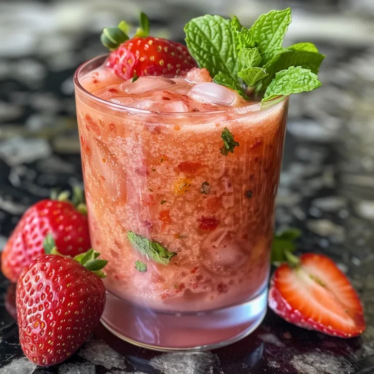 Sipping Paradise The Coconut Strawberry Refresher That Transports You to the Tropics Close-up side view of a vibrant Coconut Strawberry Refresher in a clear glass.
