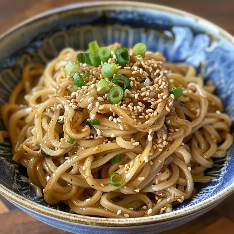 Noodles on a Journey The Spicy Peanut Sauce That Ties Cultures Together A close-up view of Cold Sesame Noodles drizzled with a spicy peanut sauce, topped with scallions and sesame seeds.