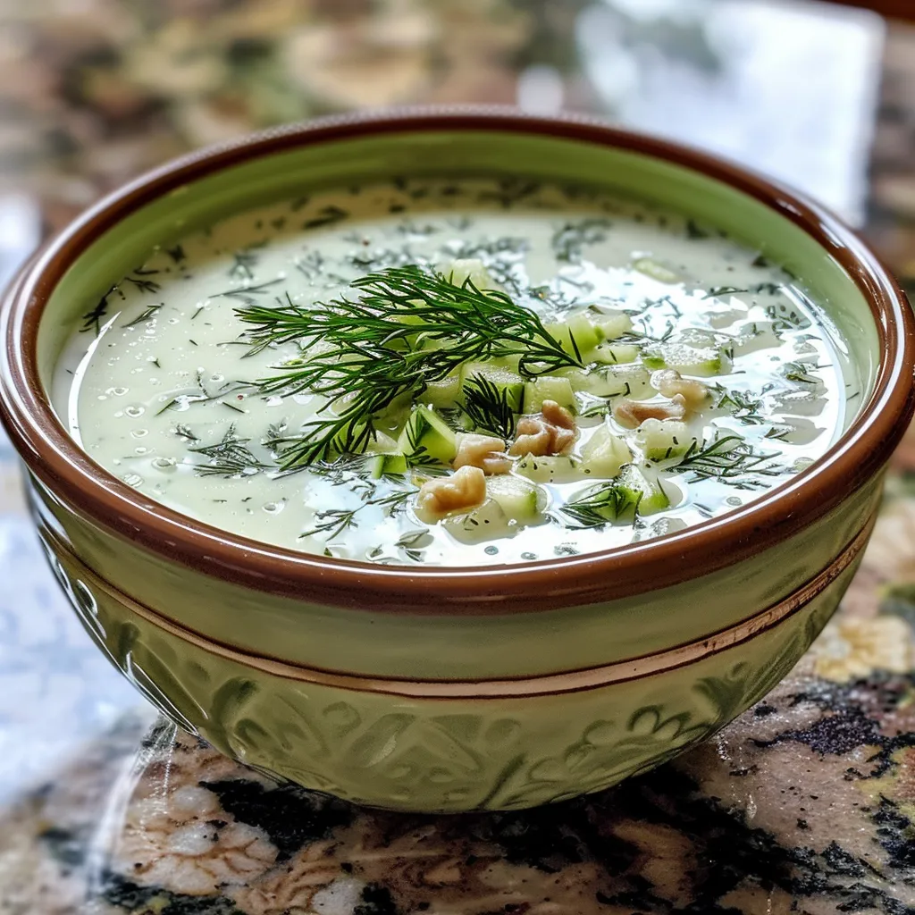 Side perspective of a creamy cucumber soup in a bowl, showcasing diced cucumbers and herbs.