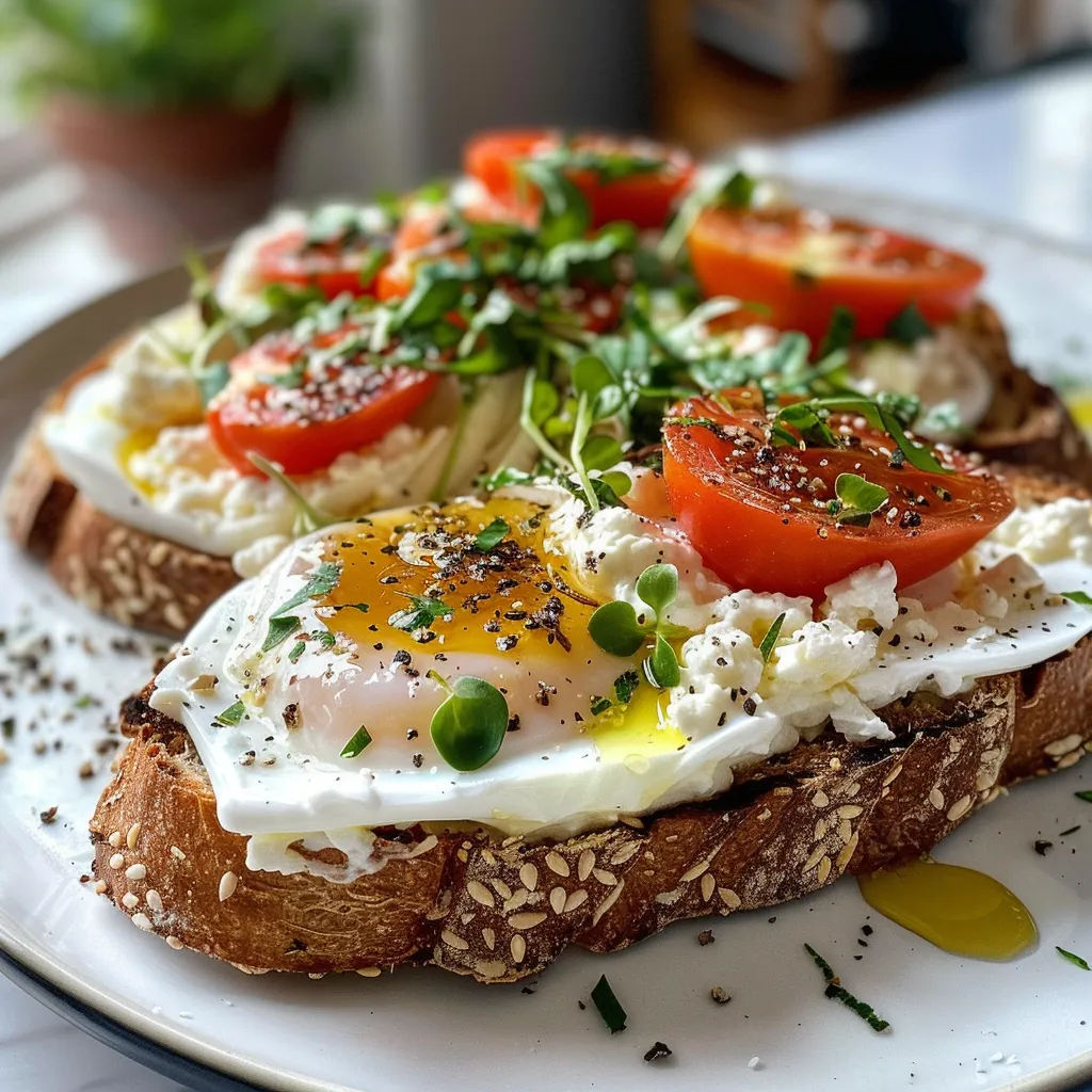 Side view of a cottage cheese breakfast toast garnished with avocado and microgreens.
