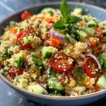 Close-up of a vibrant couscous salad with diced vegetables.