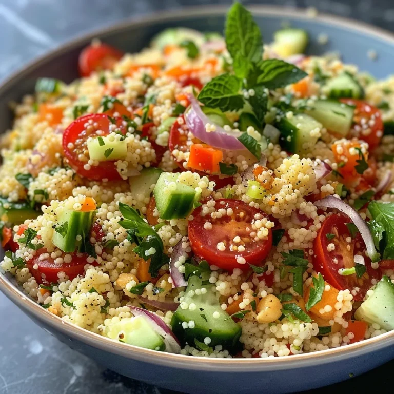 A Taste of Sunshine Exploring the Vibrant Flavors of Couscous Salad Close-up of a vibrant couscous salad with diced vegetables.