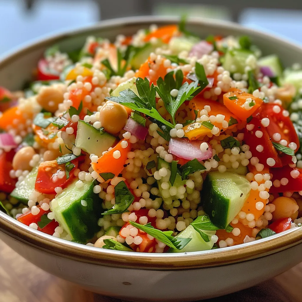 Side view of a fresh couscous salad featuring colorful ingredients.
