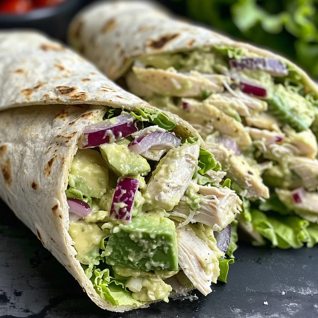 Side view of a delicious avocado chicken salad wrap on a plate.