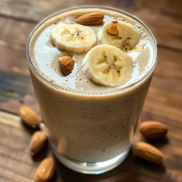 Creamy Banana Almond Smoothie in a glass, side view showcasing thick texture and banana slices.