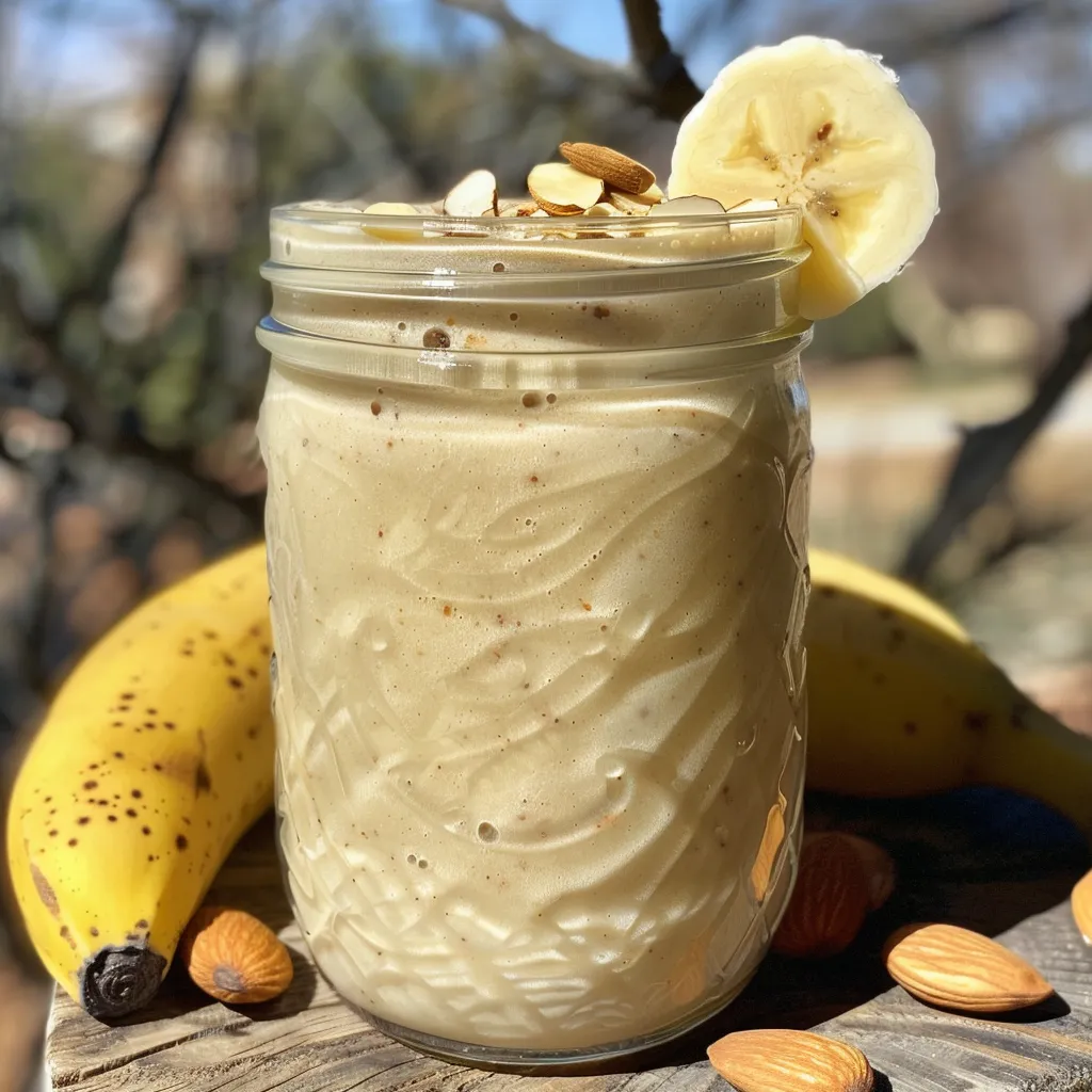 Close-up of a delicious smoothie with creamy consistency, highlighting bananas and almond ingredients.