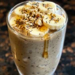 Close-up of a creamy banana oatmeal smoothie in a glass.