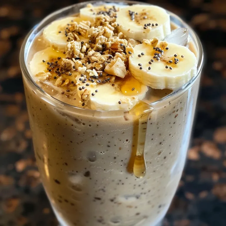 Close-up of a creamy banana oatmeal smoothie in a glass.