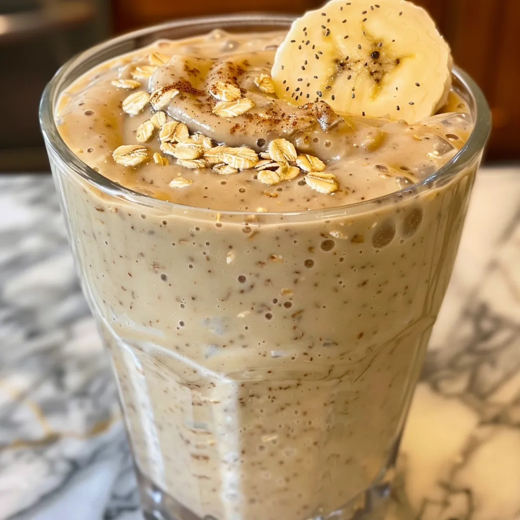 Side view of a delicious banana oatmeal smoothie topped with oats.