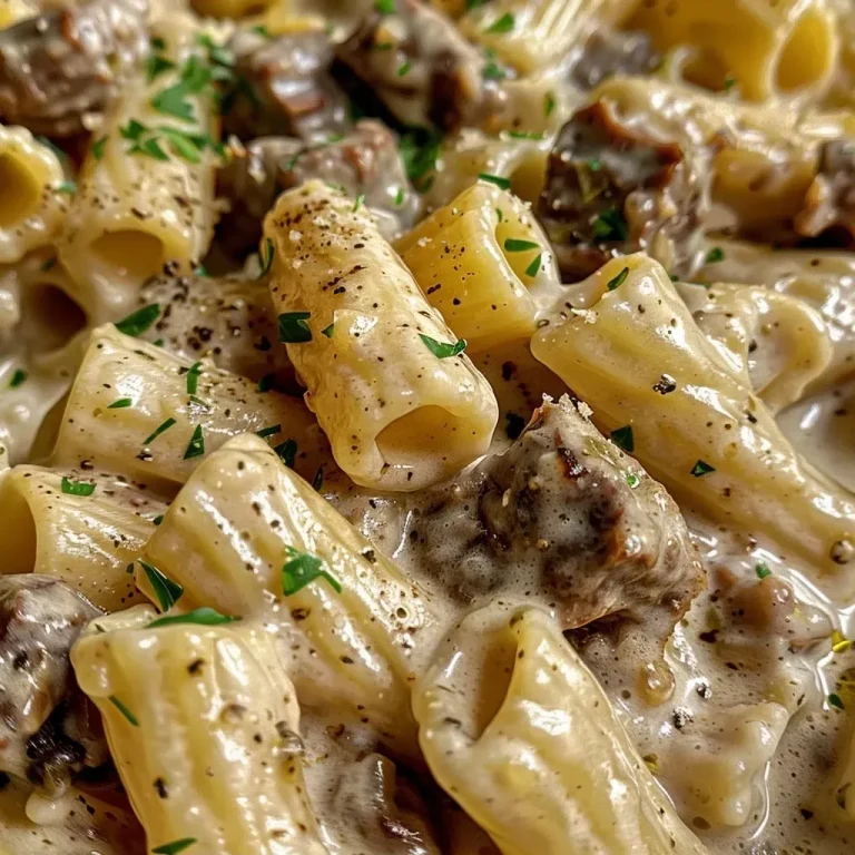 Close-up view of creamy garlic beef pasta with rigatoni and parsley garnish.