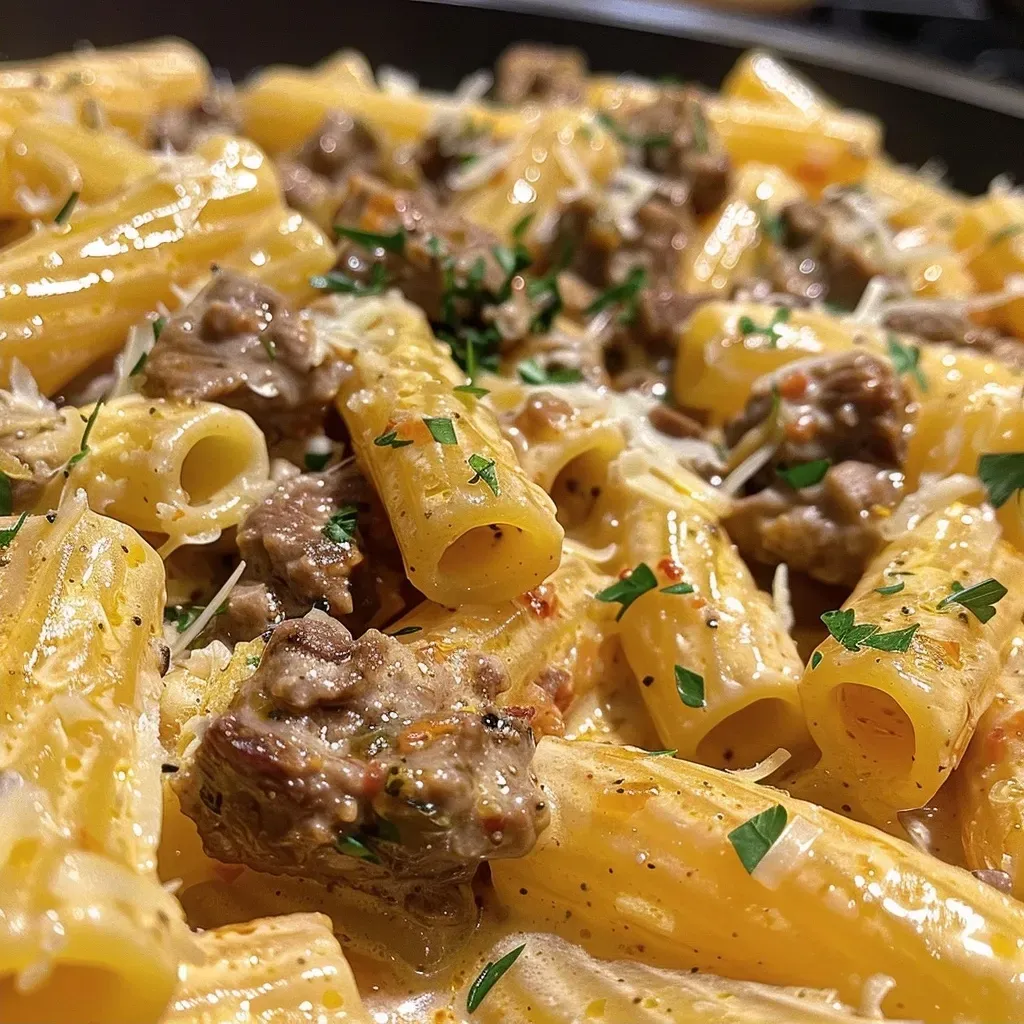 Juicy beef pasta dish in creamy garlic sauce, showcasing the texture of the noodles.