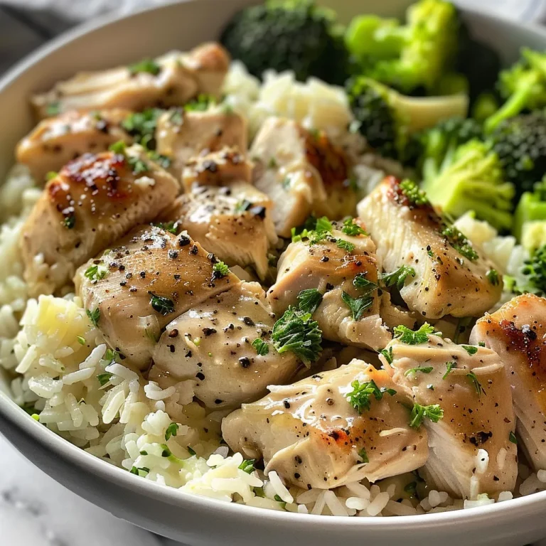 Creamy Garlic Chicken Rice Bowls with broccoli and parsley in a bowl.