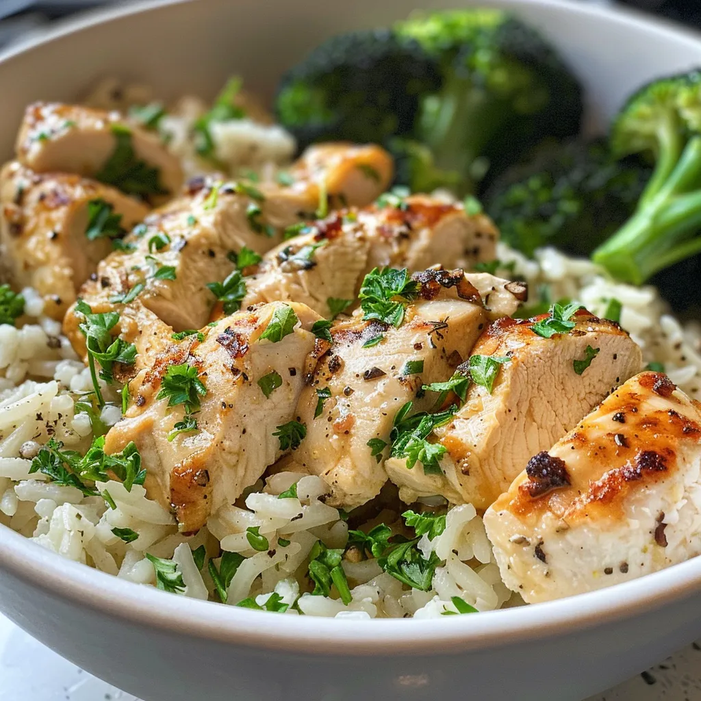A close-up view of creamy garlic chicken served over rice.
