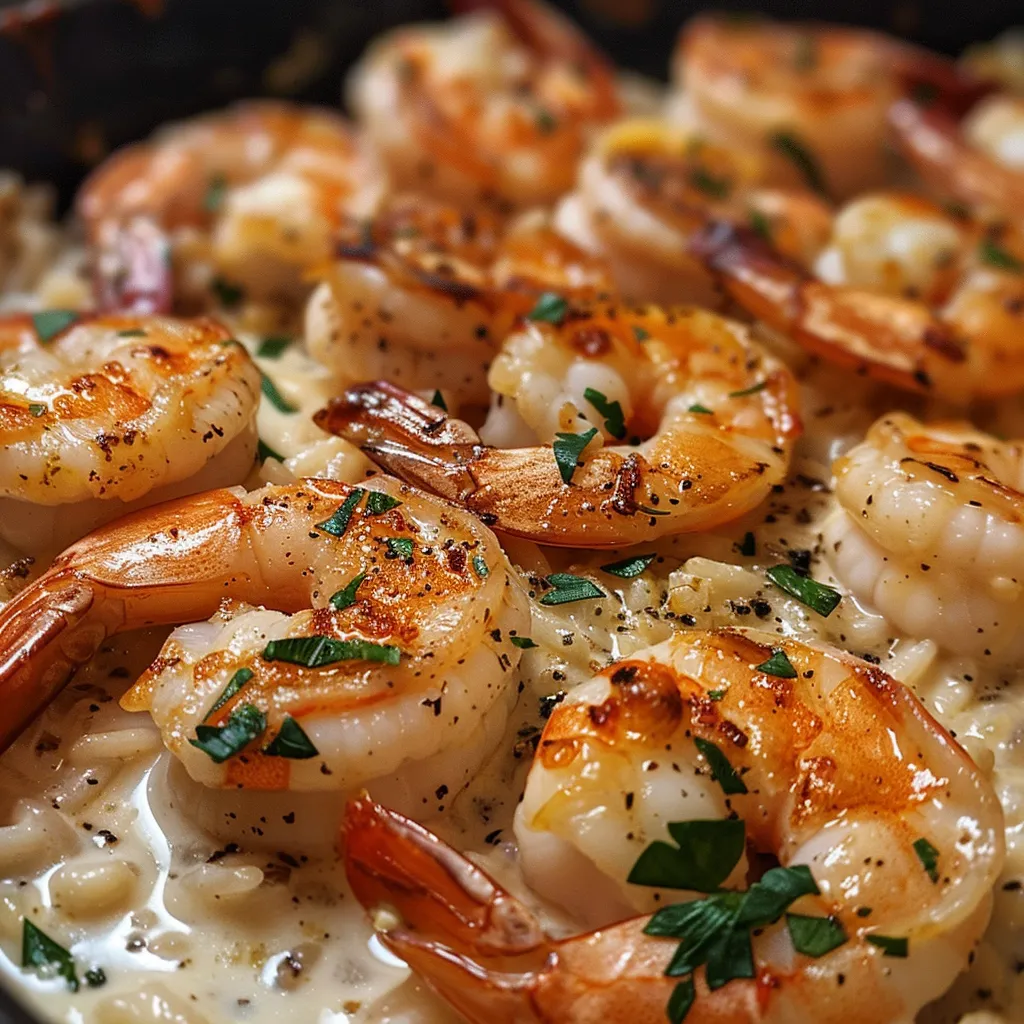 Juicy garlic shrimp with creamy sauce and rice on a plate.