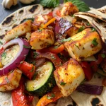 Close-up of crispy halloumi and roasted vegetables wrapped in a tortilla, with a drizzle of yogurt herb sauce.
