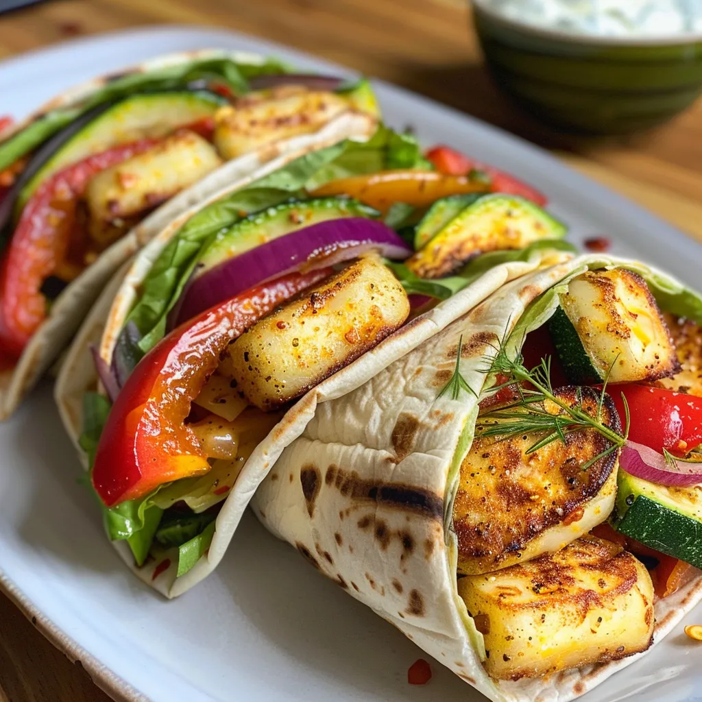 Side view of a halloumi wrap filled with colorful roasted veggies and topped with yogurt sauce on a plate.
